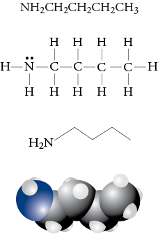 Image of the condensed formula, Lewis structure, line drawing, and space filling model for 1-aminobutane