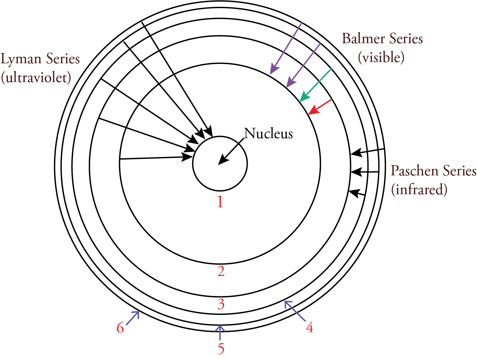 An image of the Bohr atom, showing the Lyman, Balmer, and Paschen series