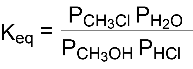 Image of equation for the eqilibrium constant equal to the pressure of CH3Cl times pressure of H2O over presure of CH2OH times pressure of HCl