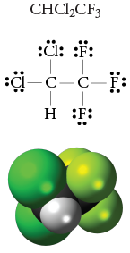 Image of the condensed formula, Lewis structure, and space filling model for HCFC-123