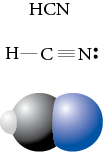 Image of the condensed formula, Lewis structure, and space filling model for hydrogen cycanide