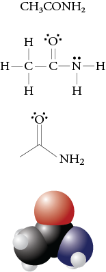 Images of the Condensed formula, Lewis structure, line drawing, and space-filling model for acetamide