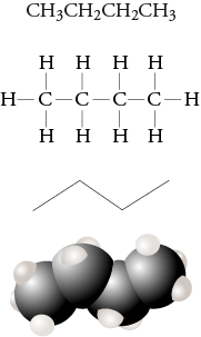 Image of the condensed formula, Lewis structure, line drawing, and space filling model for butane