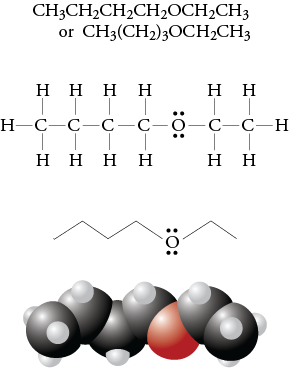 Image of the condensed formula, Lewis structure, line drawing, and space filling model for ethyl butyl ether