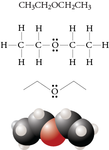 Image of the condensed formula, Lewis structure, line drawing, and space filling model for diethyl ether