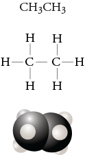 Image of the condensed formula, Lewis structure, and space filling model for ethane