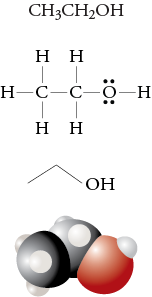 Image of the condensed formula, Lewis structure, line drawing, and space filling model for ethanol