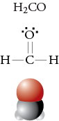 Image of the condensed formula, Lewis structure, and space filling model for formaldehyde