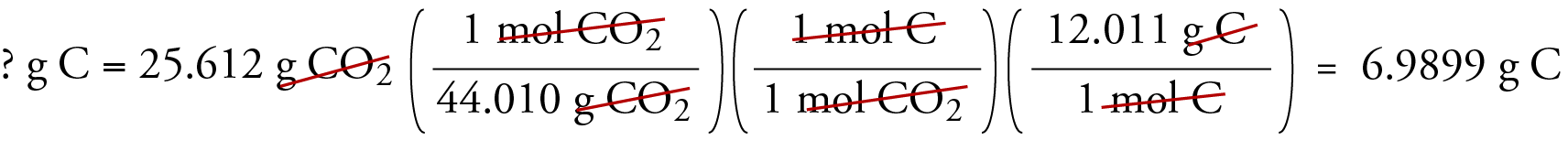 Image of the unit analysis setup that converts 25.612 grams of carbon dioxide into moles of CO2, which is converted to moles carbon, which is converted into grams of carbon. The answer is 1.1724 grams of hydrogen.