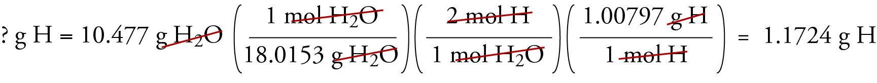 Image of the unit analysis setup that converts 10.477 grams of water into moles of H2O, which is converted to moles of hydrogen, which is converted into grams of hydrogen. The answer is 6.9899 grams of carbon.