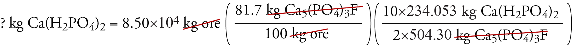 Image of the unit analysis setup that convert 8.5 times 10 to the fourth kilograms of ore into kg Ca5(PO4)3F.