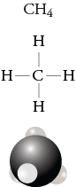 Image of the formula, Lewis structure and space filling model for methane