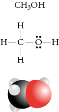 Image of the condensed formula, Lewis structure, and space filling model for methanol