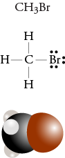 Image of the condensed formula, Lewis structure, and space filling model for methyl bromide