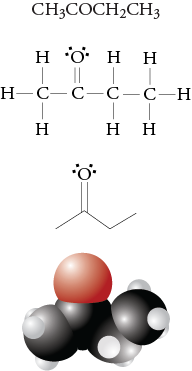 Image of the condensed formula, Lewis structure, line drawing, and space filling model for methyl ethyl ketone