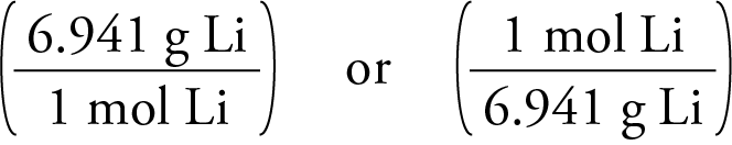 Image showing the two forms of the molar mass of lithium, 6.941 grams lithium over 1 mole lithium or 1 mole lithium over 6.941 grams lithium