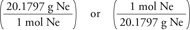 Image showing the two forms of the molar mass of neon, 20.1797 grams neon over 1 mole neon or 1 mole neon over 20.1797 grams neon