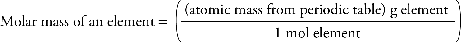 Image showing the general form of the molar mass of an element. It is the atomic mass from the periodic table in grams for the element over 1 mole of the element.