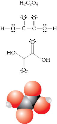 Image of the condensed formula, Lewis structure, line drawing, and space filling model for oxalic acid