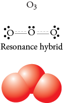 Image of the formula, resonance hybrid, and space filling model for ozone