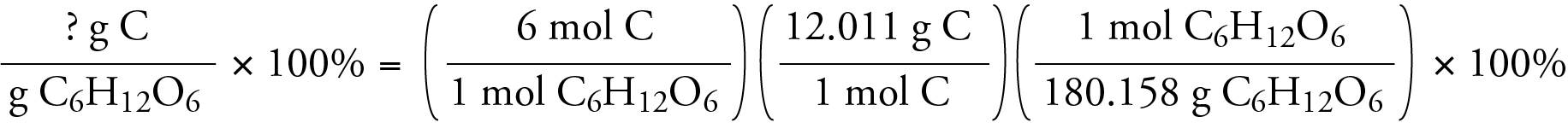 Image that shows the rest of the unit analysis setup where moles af carbon are converted into grams with the molar mass of carbon and the moles of C6H12O6 are converted into grams using its molar mass. When the result is multiplied by 100, the answer is 40.002% carbon in glucose.