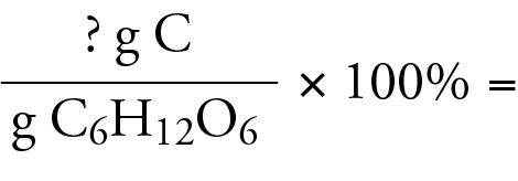 Image of the beginning of the calculation identifying that what you want to calculate is the grams of carbon over the grams of glucose, C6H12O6, times 100