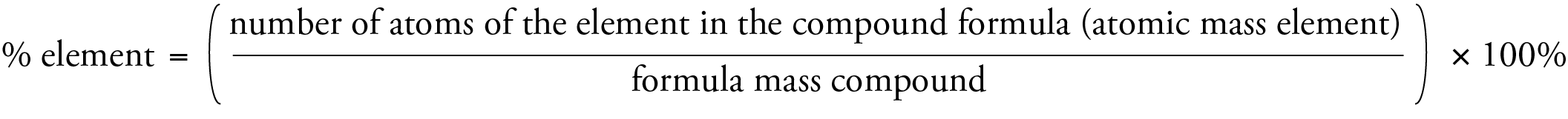 Image that shows the shortcut for calculating the percent of an element in a compound. The number of atoms in the compound formula is multiplied by the atomic mass of the element, and this is divided by the formula mass of the compound. The result is multiplied by 100.