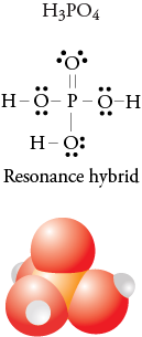 Image of the formula, resonance hybrid, and space filling model for phosphoric acid