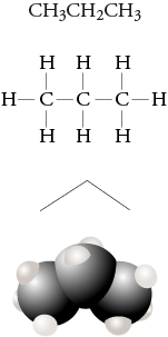 Image of the condensed formula, Lewis structure, line drawing, and space filling model for propane