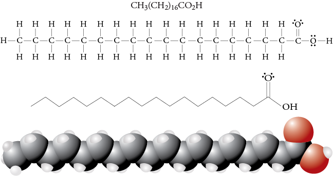 Image of the condensed formula, Lewis structure, line drawing, and space filling model for stearic acid