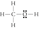 Image of the Lewis structure of methanol with a C connected by single lines to 3 H and an O, which has two pairs of dots and a single line to an H