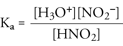 Image of the the acid dissociation constant expression for nitrous acid, Ka equals the H3O+ concentration times the NO2- concentration divided by the HNO2 concentration